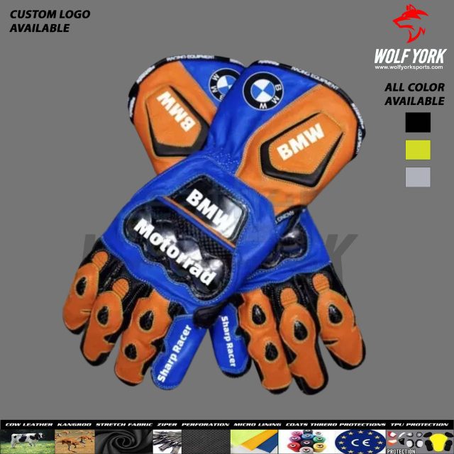BMW Motorrad custom leather gloves with reinforced padding, textured palms, and adjustable wrist strap, designed for motorcycle riders for superior comfort and protection.