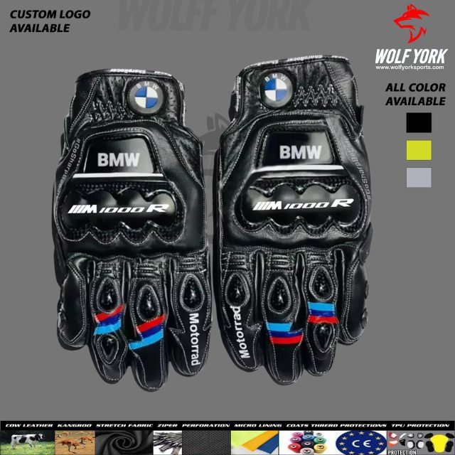BMW Motorrad custom leather gloves with reinforced padding, textured palms, and adjustable wrist strap, designed for motorcycle riders for superior comfort and protection.