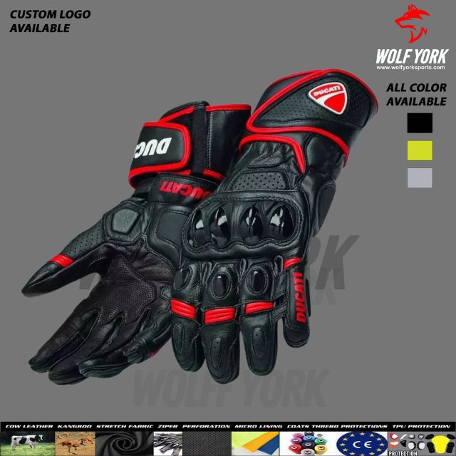 Ducati motorbike black and red leather gloves with reinforced knuckles, ergonomic design, and sleek color scheme, offering protection and comfort for riders.