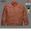 Men's brown puffer jacket with a detachable adjustable hood, full-length front zipper, snap button storm flap, and multiple zippered pockets, designed for warmth and style in cold weather.