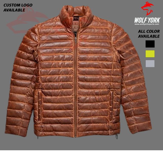 Men's brown puffer jacket with a detachable adjustable hood, full-length front zipper, snap button storm flap, and multiple zippered pockets, designed for warmth and style in cold weather.
